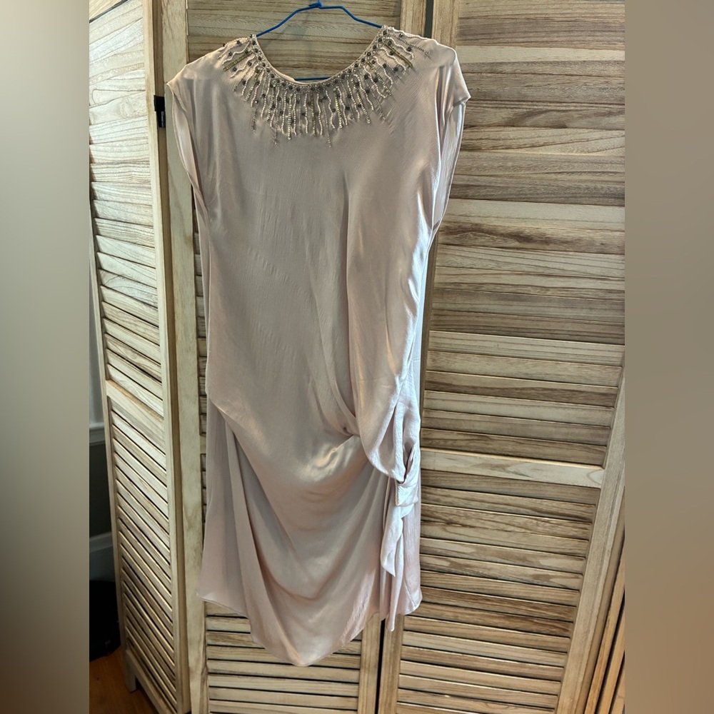 Andersen and Lauth Elegant Beaded Neckline Dress in Light Pink, Size Small